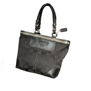 Coach Tote Bag # G06K - 10445. Black w Signature Jacquard, Leather Trim, Beading